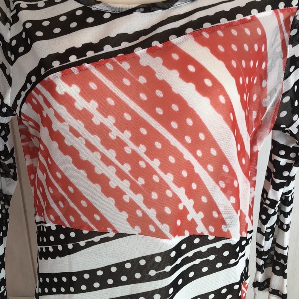 Chic Women's Black and Red Semi Sheer Striped Blouse 3/4 Sleeves Women's Small - Picture 2 of 13
